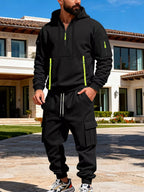 Men's plus size full zip hoodie and cargo pants set by Shopimist, featuring a comfortable half zip design and practical cargo pockets.