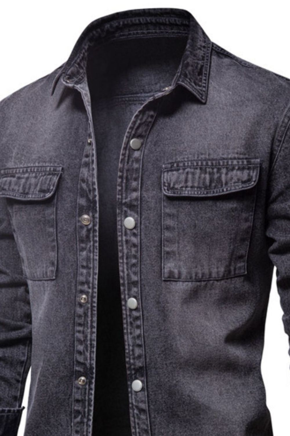 Men's VYSN denim jacket with button-down front and chest pocket, casual fashion clothing for men.