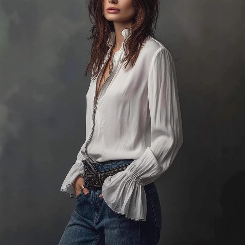 Women's ruffled sleeve resort shirt by FitiqueFit, casual long blouse with stretch fabric and stylish ruffled sleeves.