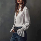 Women's ruffled sleeve resort shirt by FitiqueFit, casual long blouse with stretch fabric and stylish ruffled sleeves.