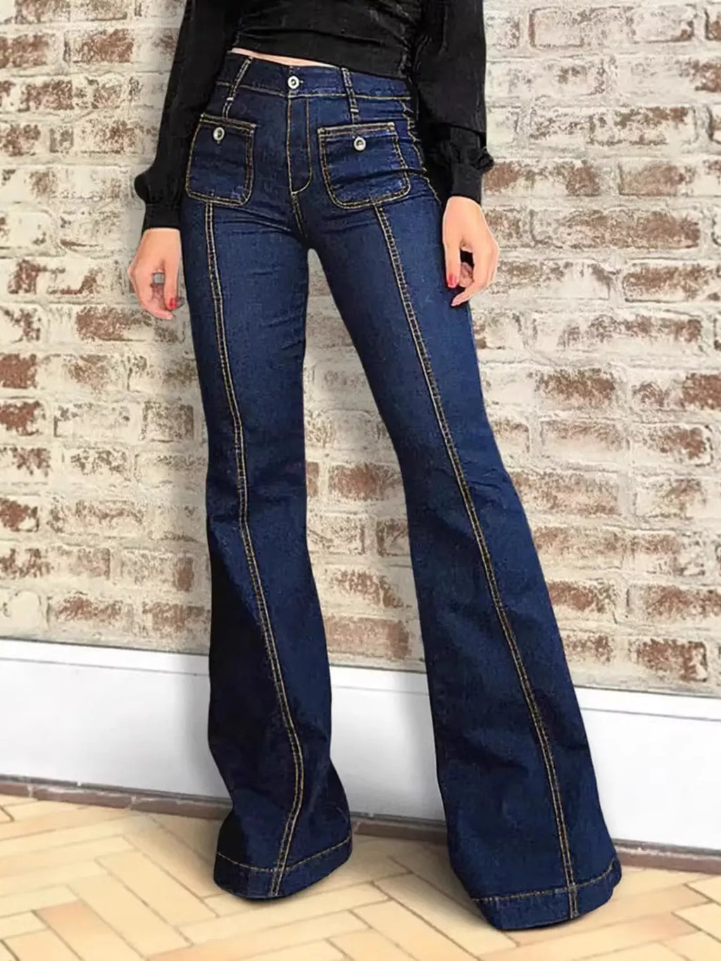 Plush Fashion Hub high-waisted flare denim jeans with a snug fit and flared leg design, displayed on a neutral background.