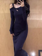 Black asymmetrical cutout long sleeve midi dress by Trendsi featuring sleek stretch bodycon fit and stylish design.