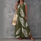 Printed V-neck sleeveless high-waist maxi dress by FitiqueFit in three colors, featuring a flowy design and elegant style.