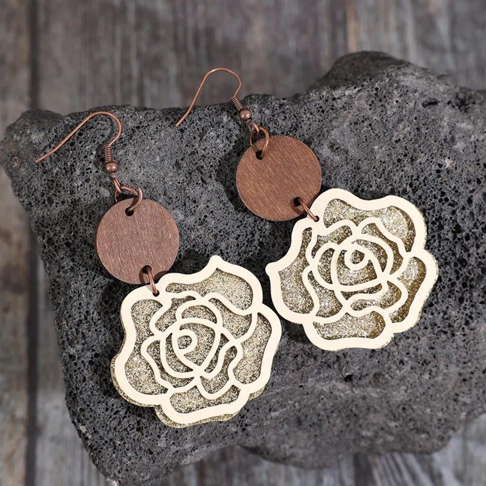 Wooden alloy rose-shaped dangle earrings with intricate flower design, stylish jewelry accessory for women.