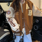 Oversized Y2K lamb-wool bomber jacket for women, streetwear style, in neutral tones, with ribbed cuffs and collar, by FitiqueFit.