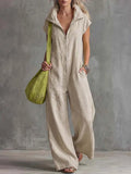 Women's linen-look sleeveless jumpsuit with pockets by FitiqueFit, featuring a relaxed fit and casual style.