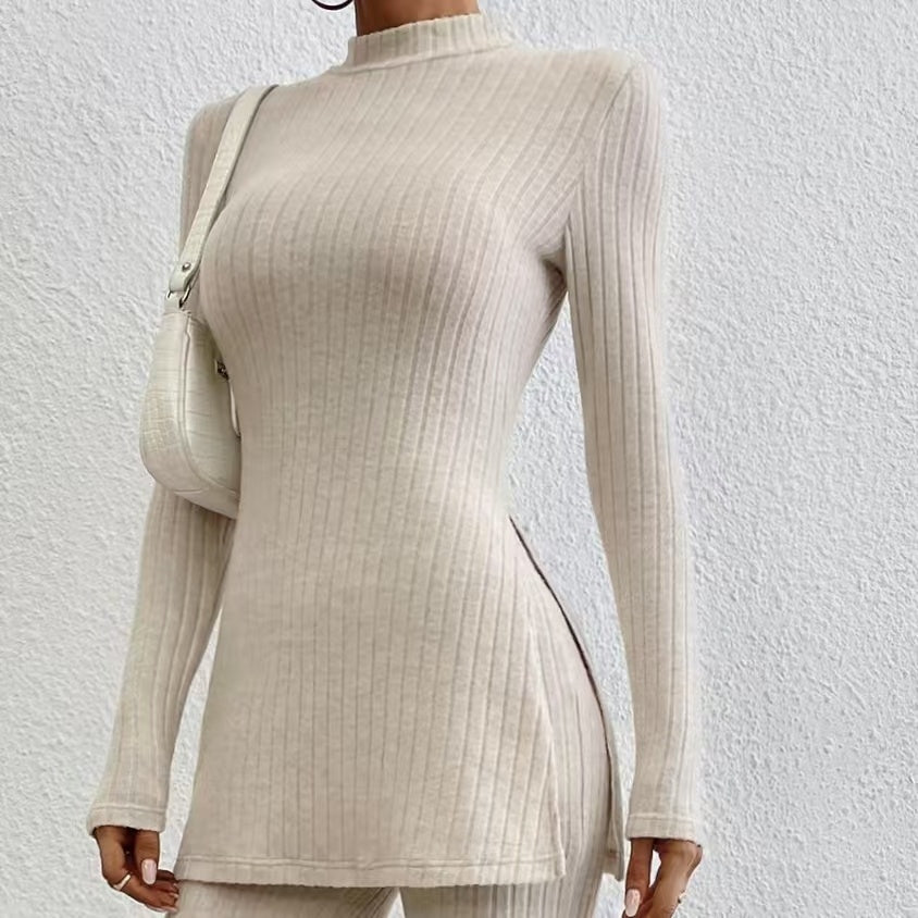 Women’s ribbed V-neck top and pants set by FitiqueFit, casualwear with a comfortable, relaxed fit in soft fabric.