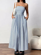 Striped strapless casual maxi dress by Simply Love, featuring a flowing silhouette and bold horizontal stripe pattern.
