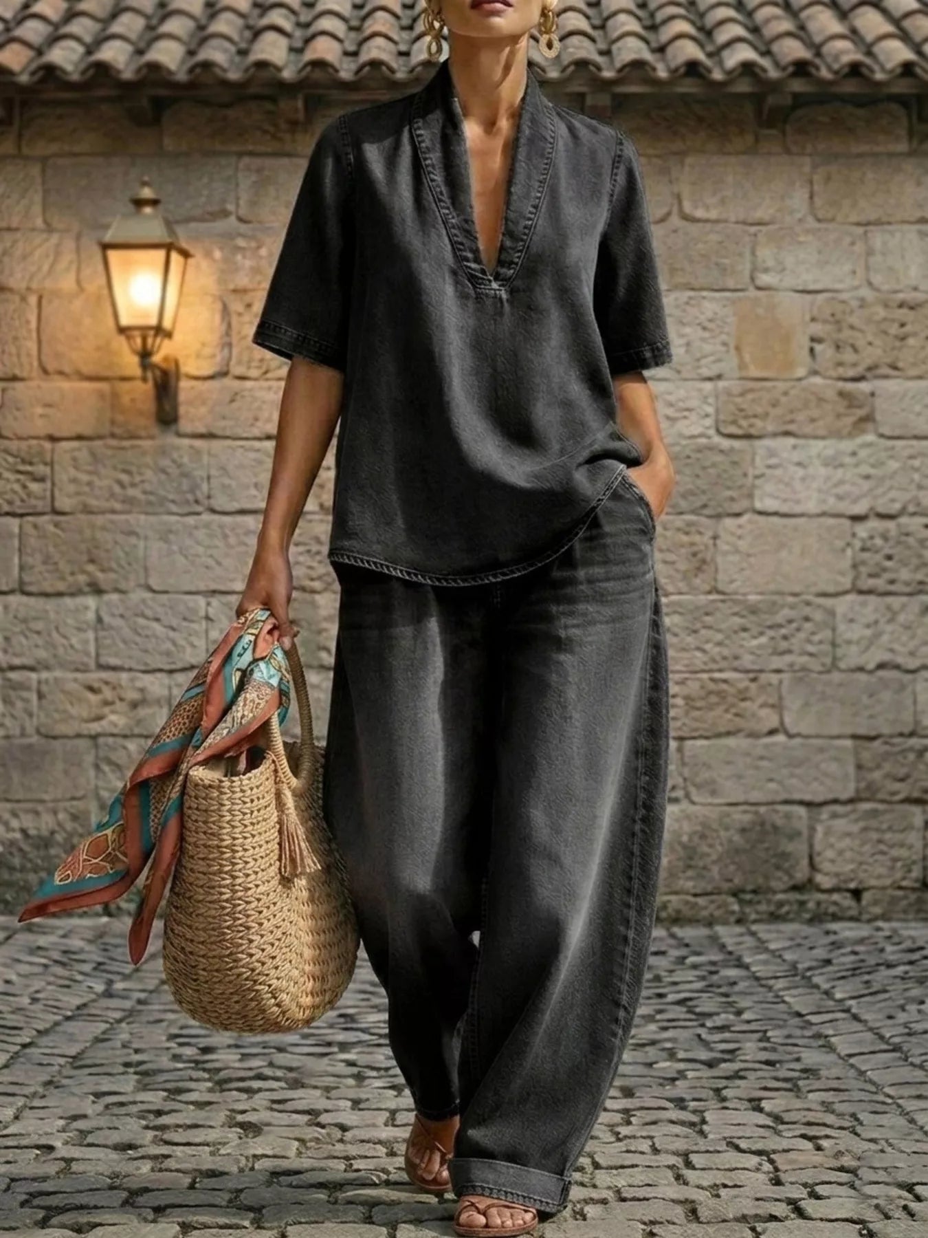 Plus size women's dress set with half sleeve top and wide leg pants by Trendsi, styled for a casual, comfortable look.
