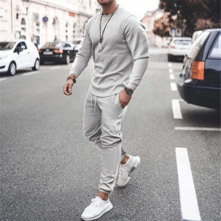 Men's plus size long sleeve round neck top and pants set by Shopimist, featuring a comfortable full-size casual outfit.