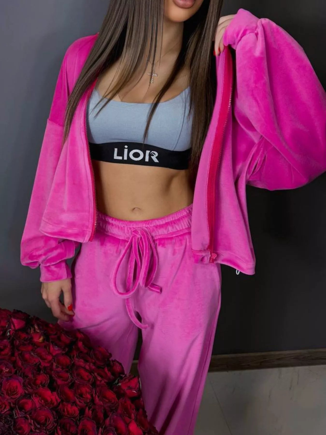 Plush Fashion Hub zip-up cropped outerwear and pants set, stylish matching casual clothing outfit with modern design.