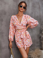 Cutout Front Printed Long Sleeve Romper