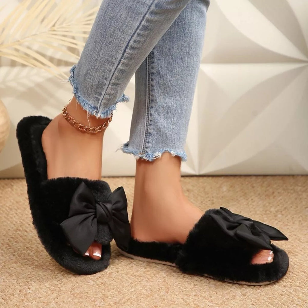 Shopimist Bow Open Toe Flats Slippers featuring a stylish bow design and comfortable open-toe style in soft material.