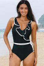 Threaded Pear Jayla Ruffled Wrap V Neck one-piece swimsuit with ruffled details and a flattering wrap design in vibrant swimwear fabric.