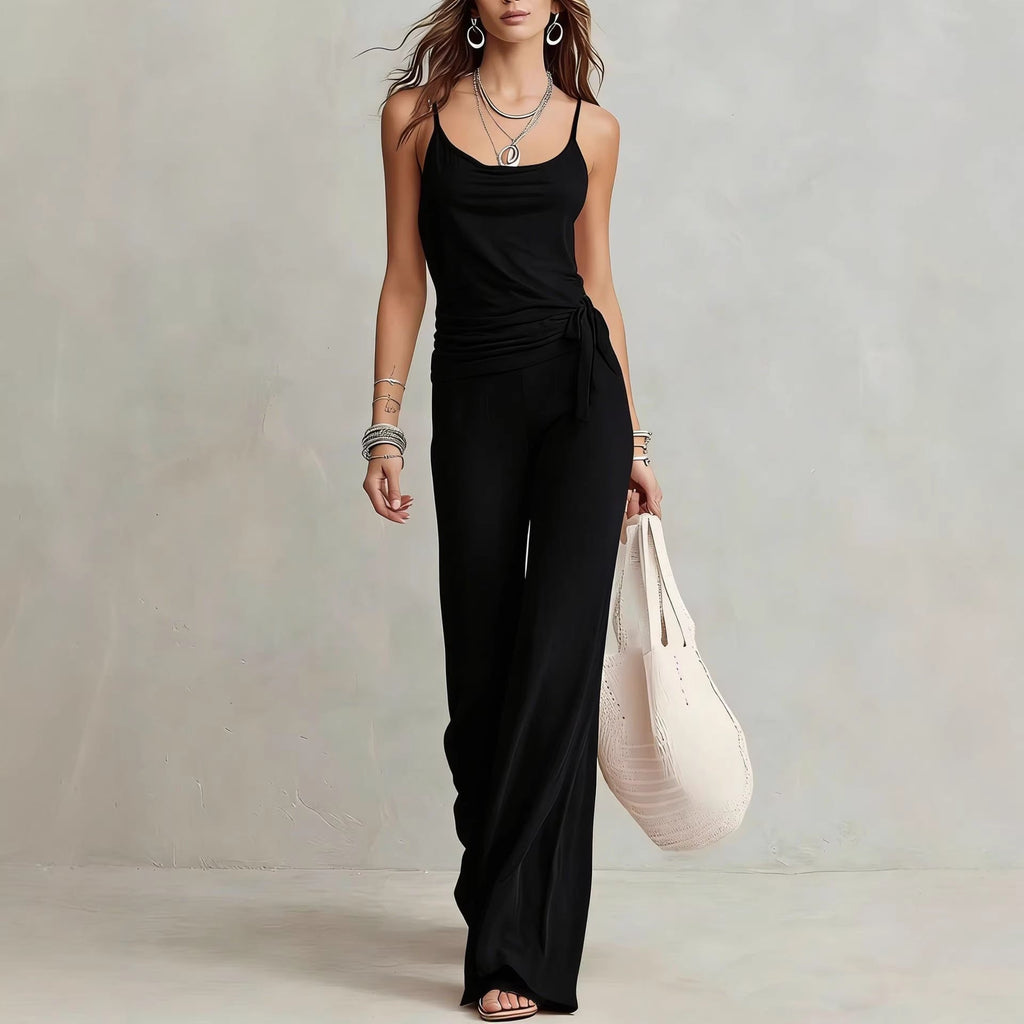 Women's solid color sleeveless top and pants two-piece casualwear set by FitiqueFit, featuring a relaxed fit and comfortable fabric.