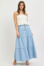 Plush Fashion Hub RISEN high rise ruffle long skirt in flowy fabric with ruffled hem and high waist design.