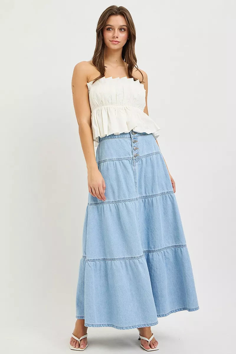 Plush Fashion Hub RISEN high rise ruffle long skirt in flowy fabric with ruffled hem and high waist design.