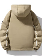 Plus size men's puffer jacket with contrast hood and zipper, warm and stylish outerwear by Shopimist.