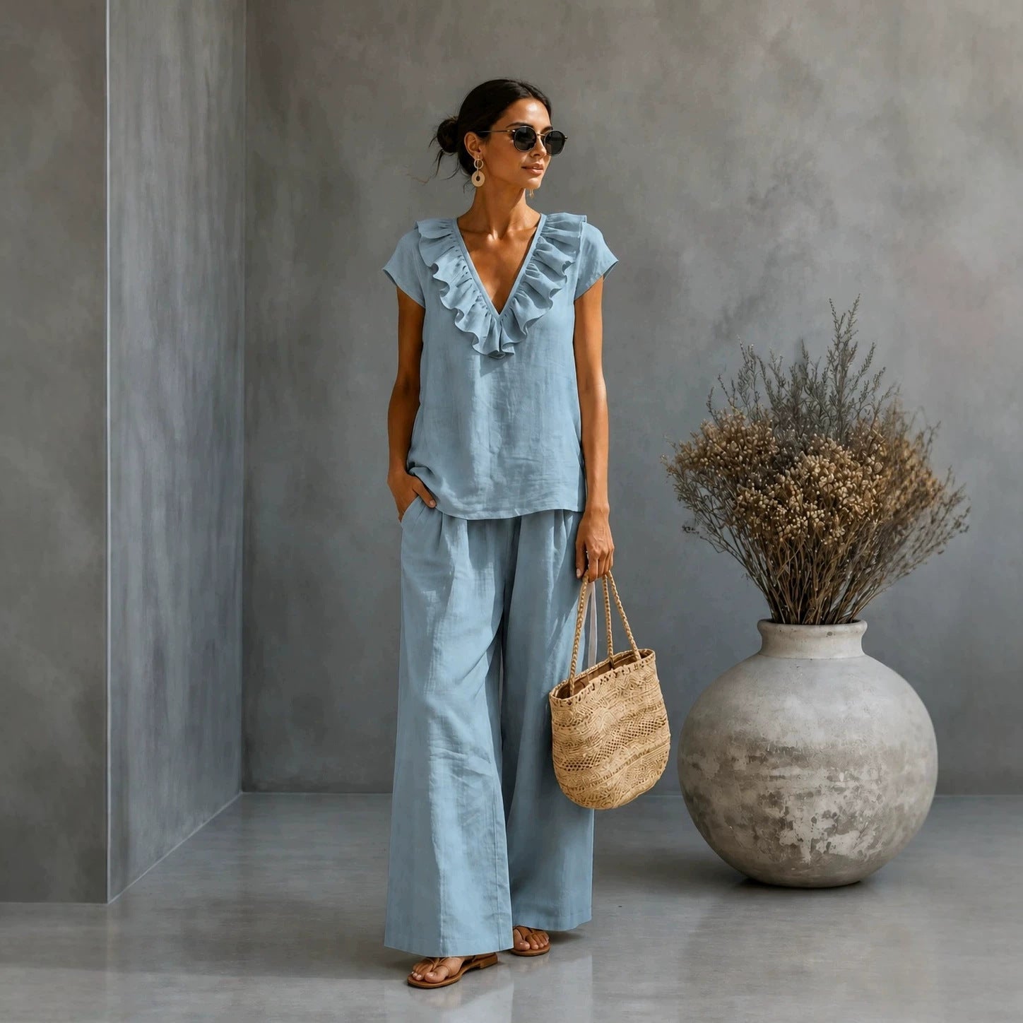 Women's V-neck ruffled hem top and wide-leg pants two-piece casualwear set by Plush Fashion Hub, shown in a relaxed fit.