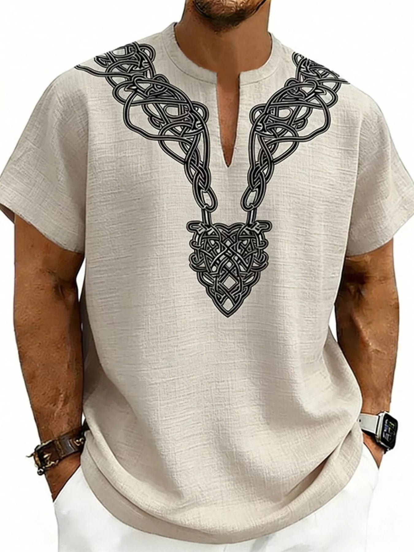 Men's full size printed short sleeve blouse with notched collar from Plush Fashion Hub, featuring a colorful, stylish design.