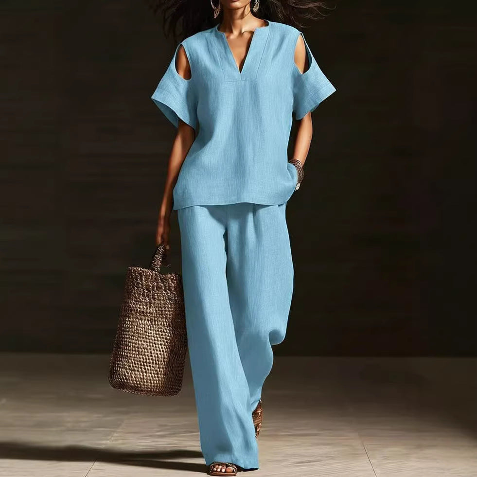 FitiqueFit V-neck short sleeve top and straight-leg pants set with ripped detail, pockets, in a solid color, stylish and comfortable.
