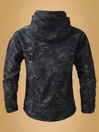 Men's camouflage zip-up hooded jacket by Shopimist, featuring a rugged camo pattern and adjustable hood, front zipper, and pockets.