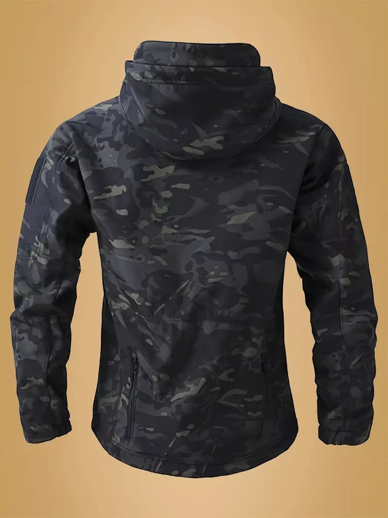 Men's camouflage zip-up hooded jacket by Shopimist, featuring a rugged camo pattern and adjustable hood, front zipper, and pockets.