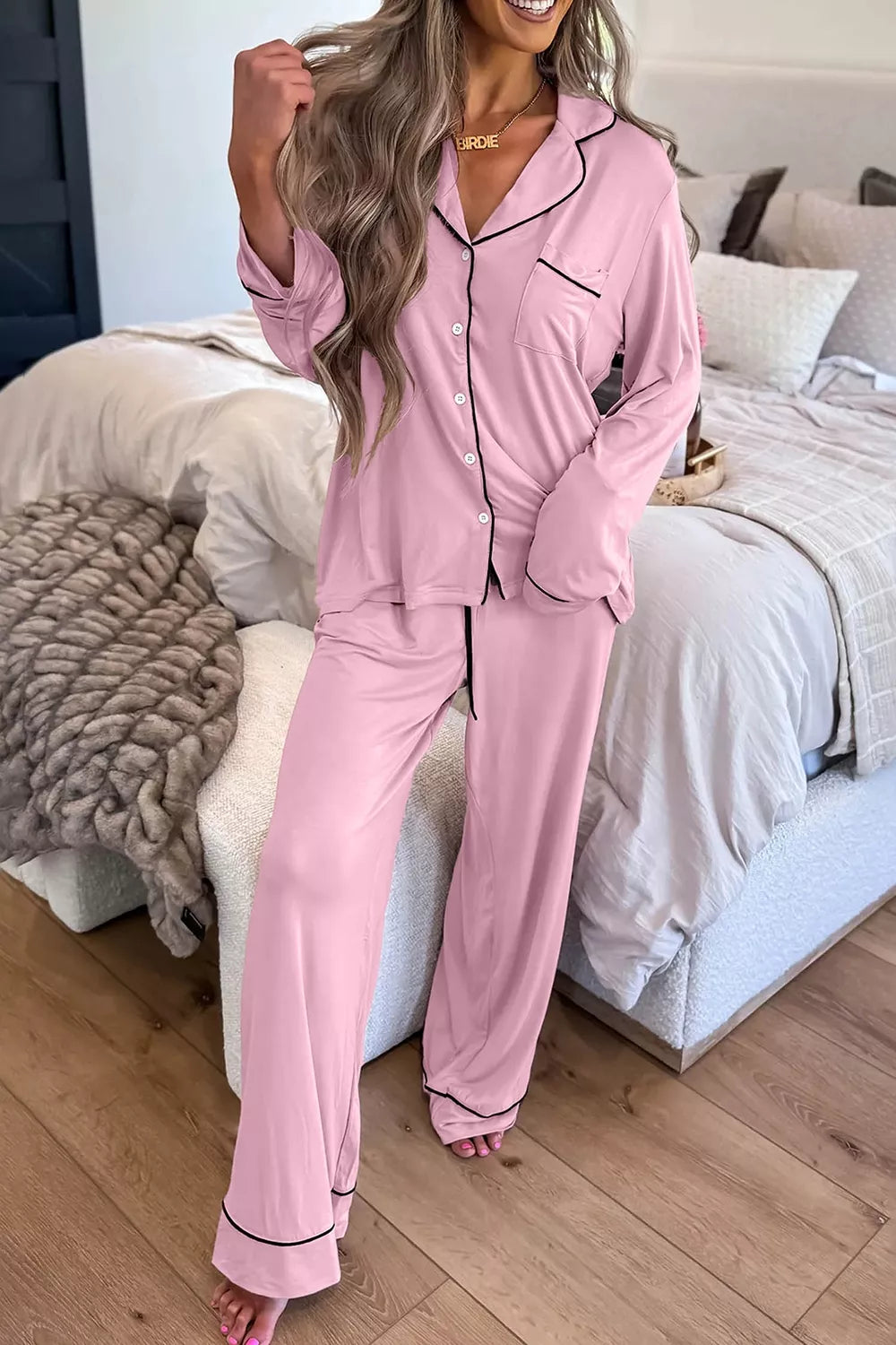 Contrast trim button-up top and pants set by Trendsi, featuring a coordinated look with stylish details and a comfortable fit.