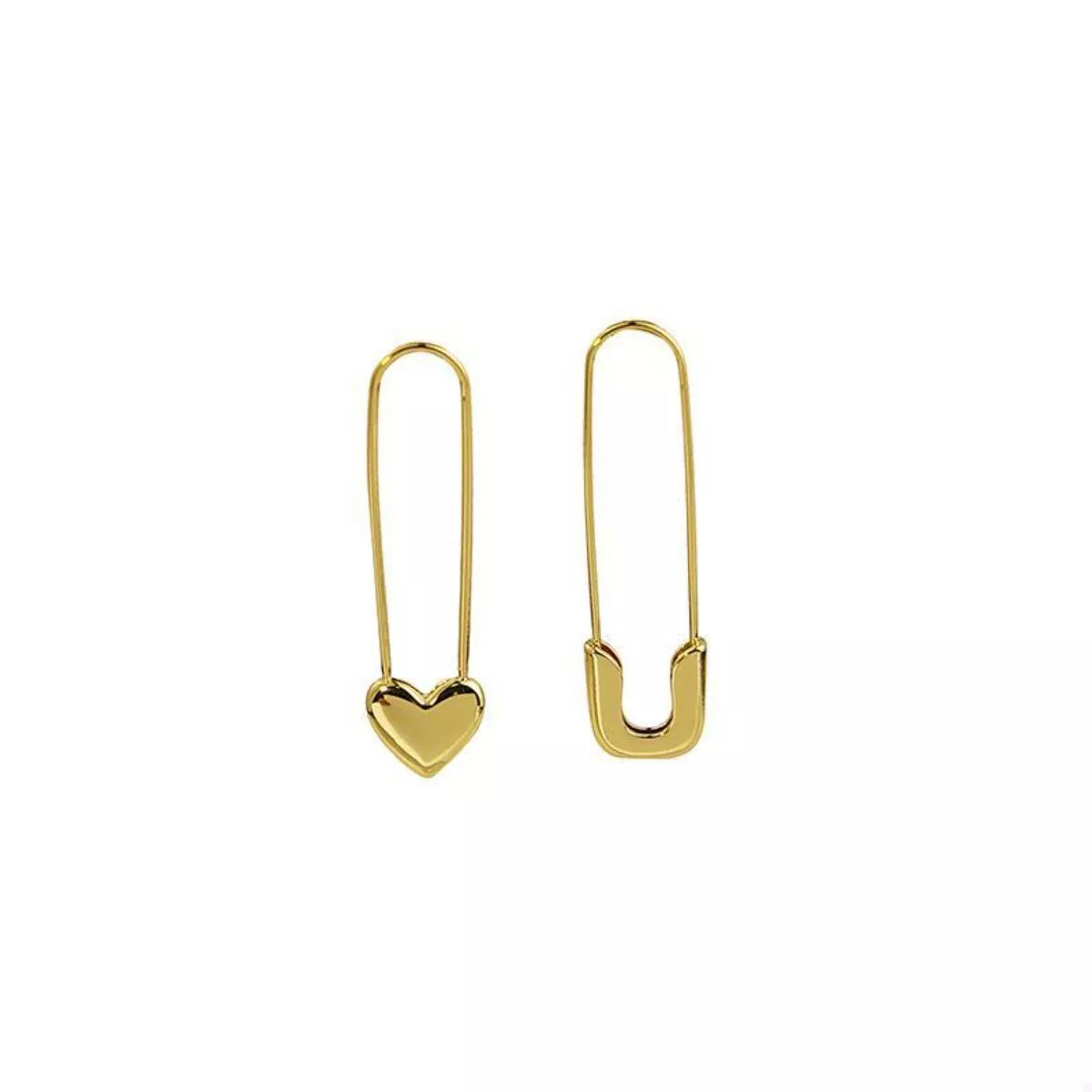 18K gold-plated alloy heart safety pin drop earrings with delicate design and shiny finish, perfect for elegant fashion accessories.