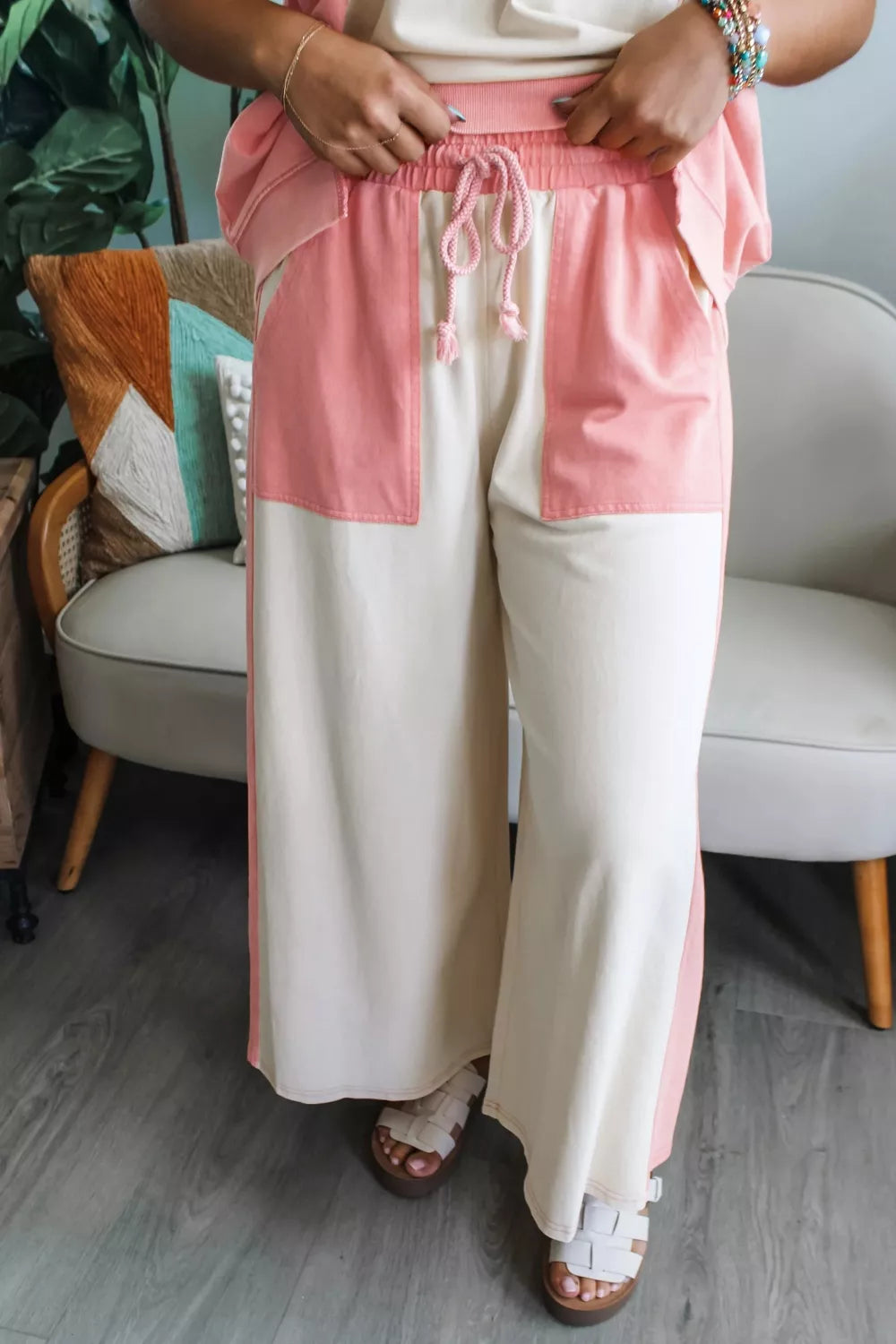 Two-tone color block patchwork loungewear set with a tee and drawstring loose pants by Plush Fashion Hub.