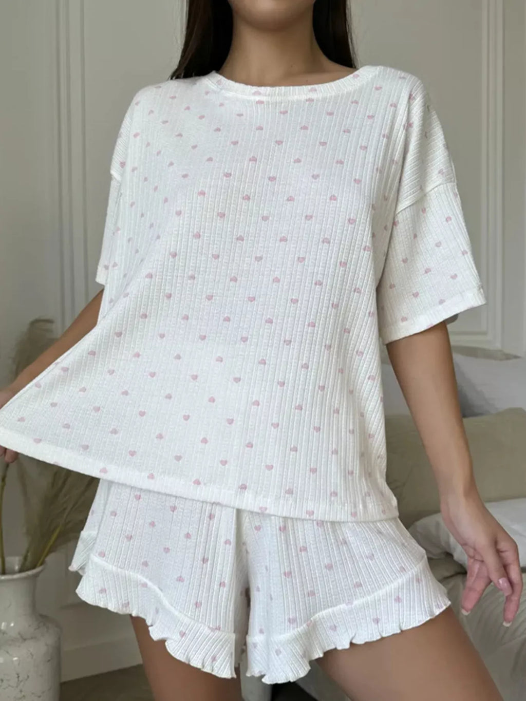 Heart print casual top and shorts lounge set by Shopimist, featuring a cozy, stylish design for relaxed wear.