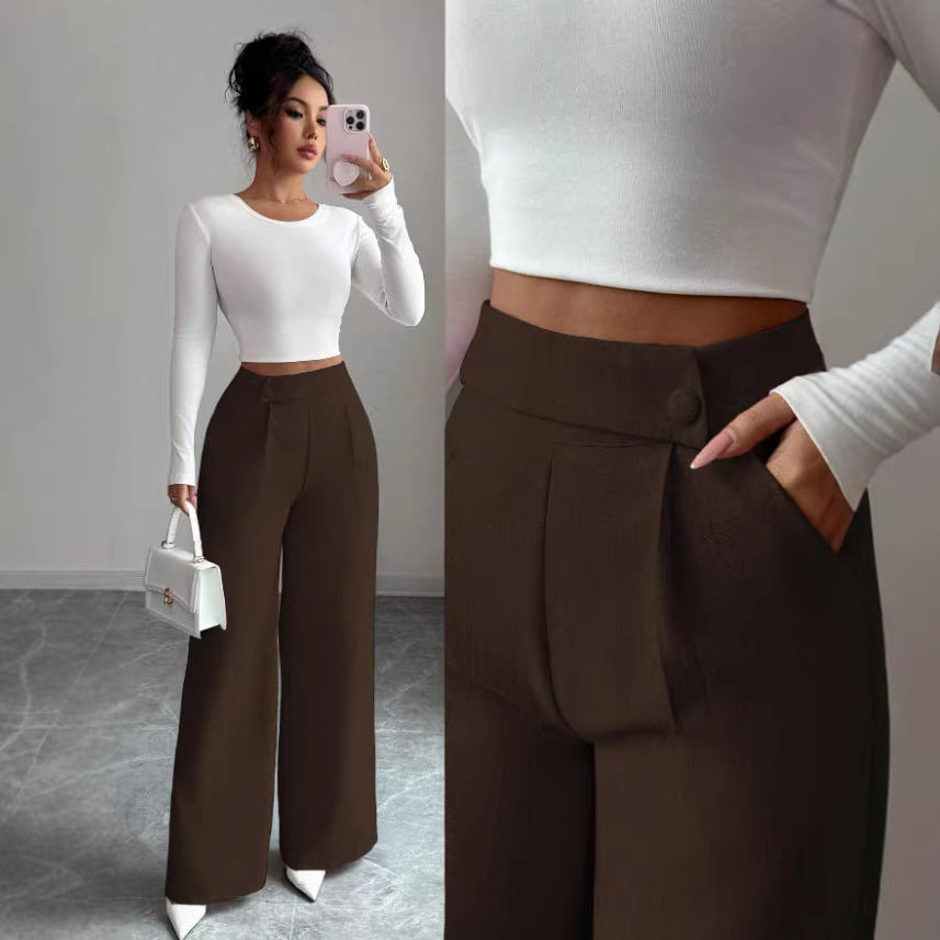 Women's high-waist straight-leg pants by FitiqueFit in solid color with button detail, full-length style, suitable for casual or office wear.