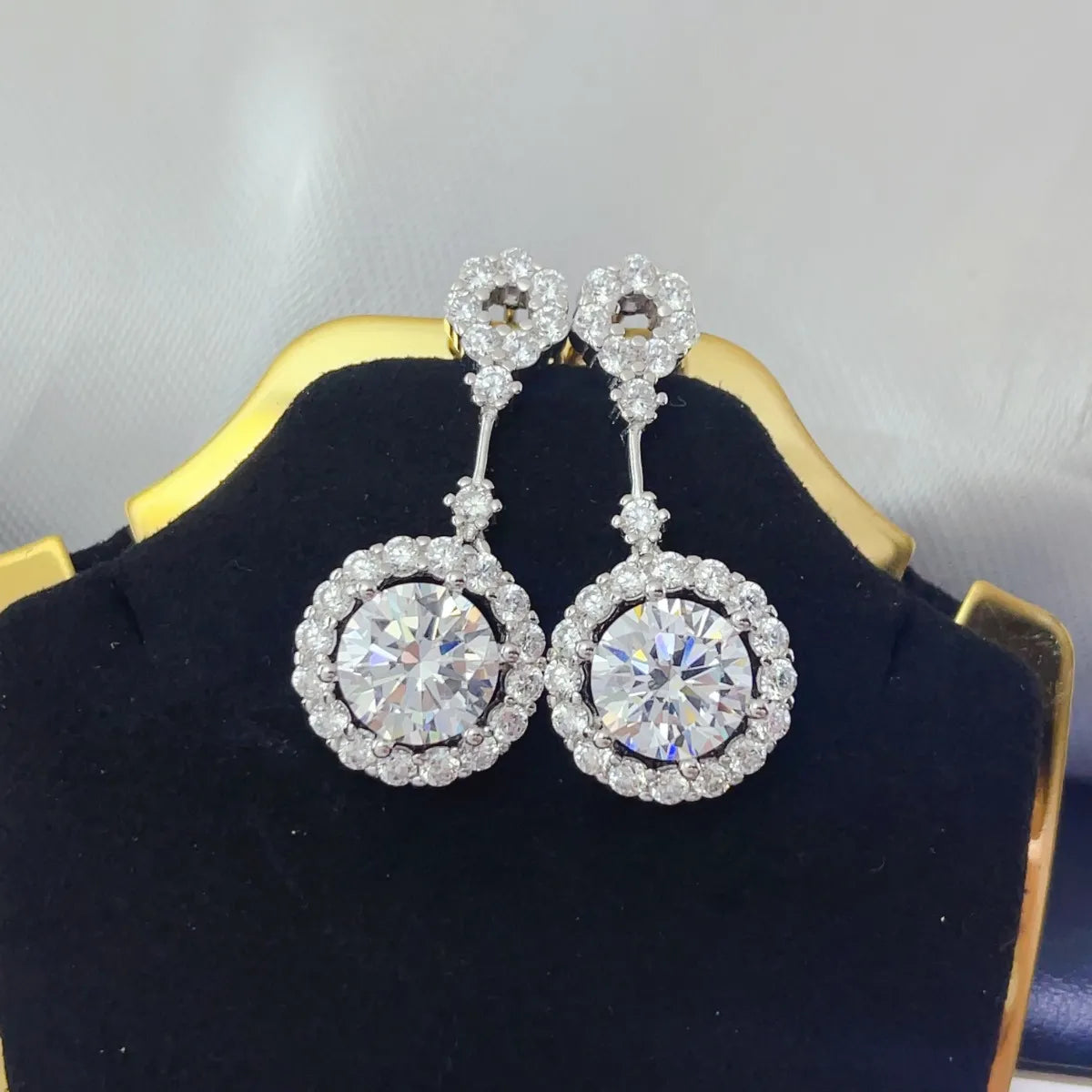 Shopimist 4 carat crystal drop dangle earrings with round halo design, featuring sparkling crystal stones and elegant metal setting.