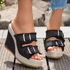 Shopimist buckle open toe wedge sandals with stylish straps and a comfortable wedge heel, perfect for casual summer wear.