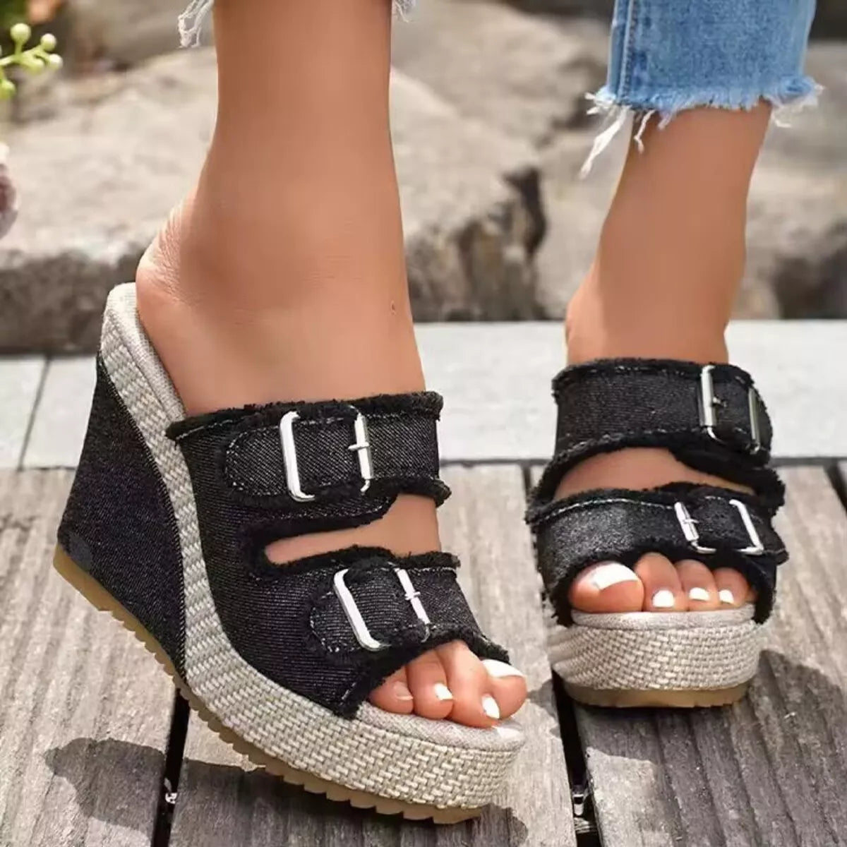 Shopimist buckle open toe wedge sandals with stylish straps and a comfortable wedge heel, perfect for casual summer wear.