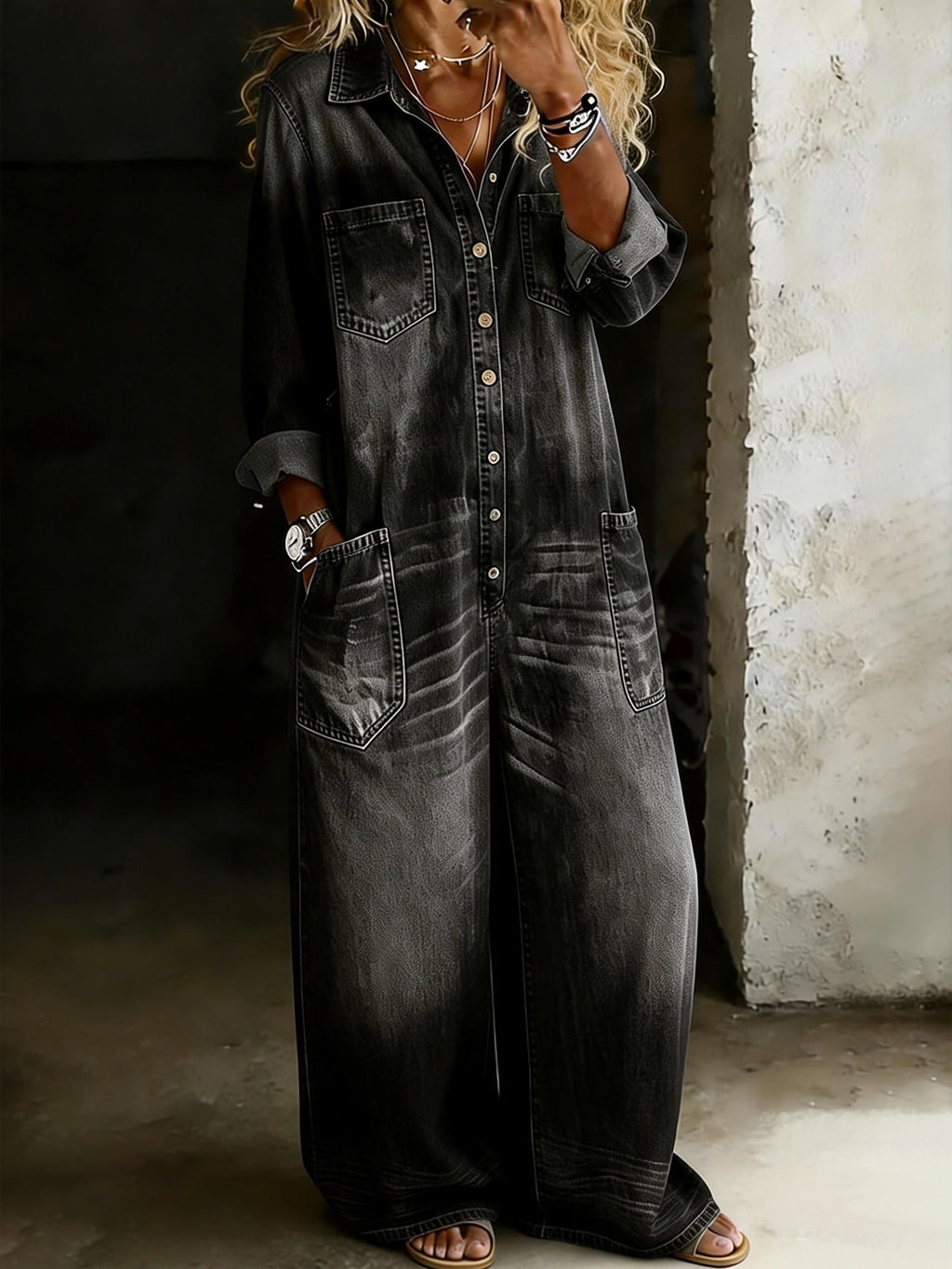 Women's vintage washed wide-leg jumpsuit with pockets from Plush Fashion Hub, featuring a relaxed fit and casual style.