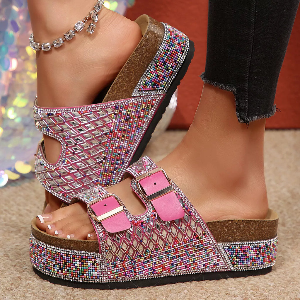 Shopimist rhinestone double buckle sandals featuring open toes and stylish straps on a neutral background.