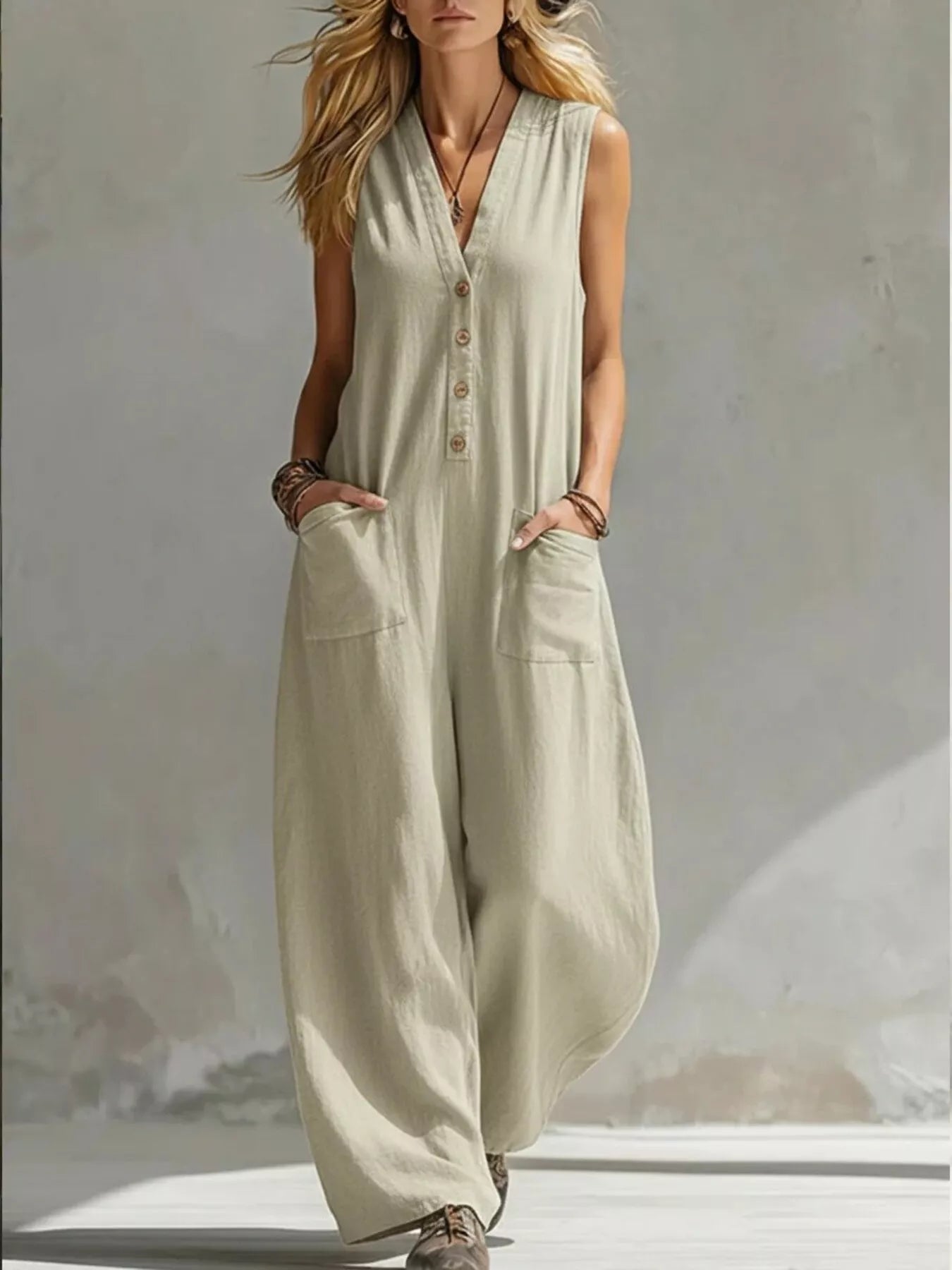Plus size Shopimist v-neck sleeveless wide-leg jumpsuit displayed on a model, highlighting its relaxed fit and stylish design.