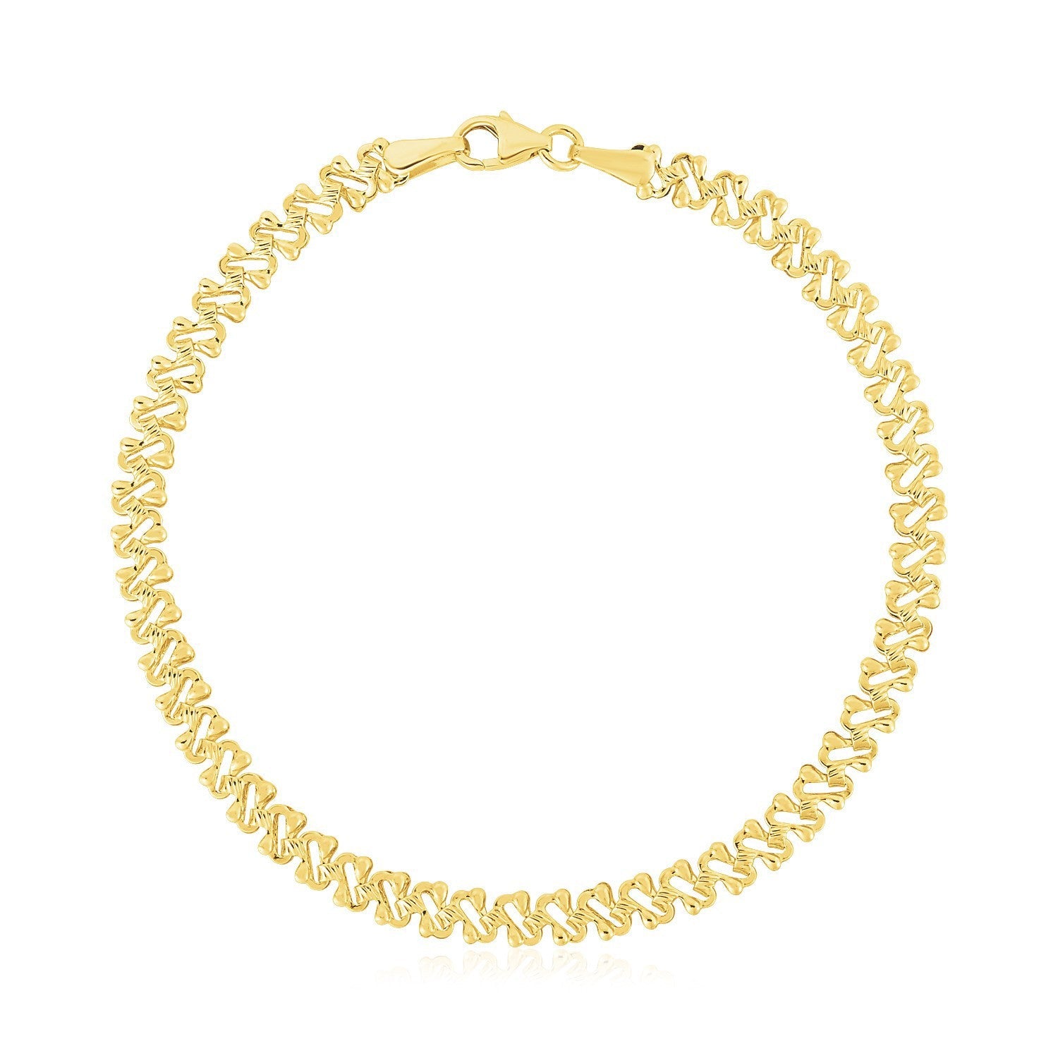 14k yellow gold high polish textured fancy chain bracelet with 4mm links, showcasing a stylish and elegant jewelry design.