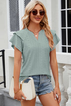 Light blue eyelet notched flutter sleeve T-shirt from Trendsi, featuring a relaxed fit and decorative flutter sleeves.
