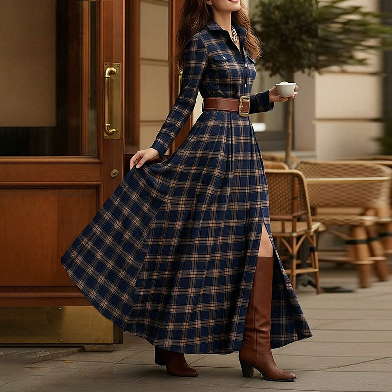 Women's printed lapel slim-fit dress by Plush Fashion Hub, featuring a casual, elegant design perfect for commuter style.