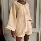 Women's cotton linen shirt and shorts set with long sleeves and buttons, casual two-piece outfit from Plush Fashion Hub.