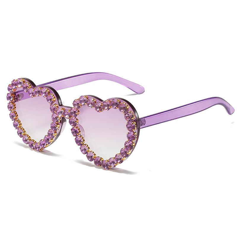 Peach heart-shaped rhinestone sunglasses by Plush Fashion Hub featuring Y2K INS style eye wear with sparkling rhinestone details