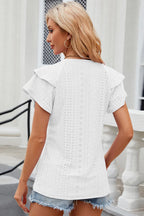 Trendsi eyelet notched flutter sleeve t-shirt, stylish tops with flutter sleeves and eyelet details, casual and trendy women's fashion.