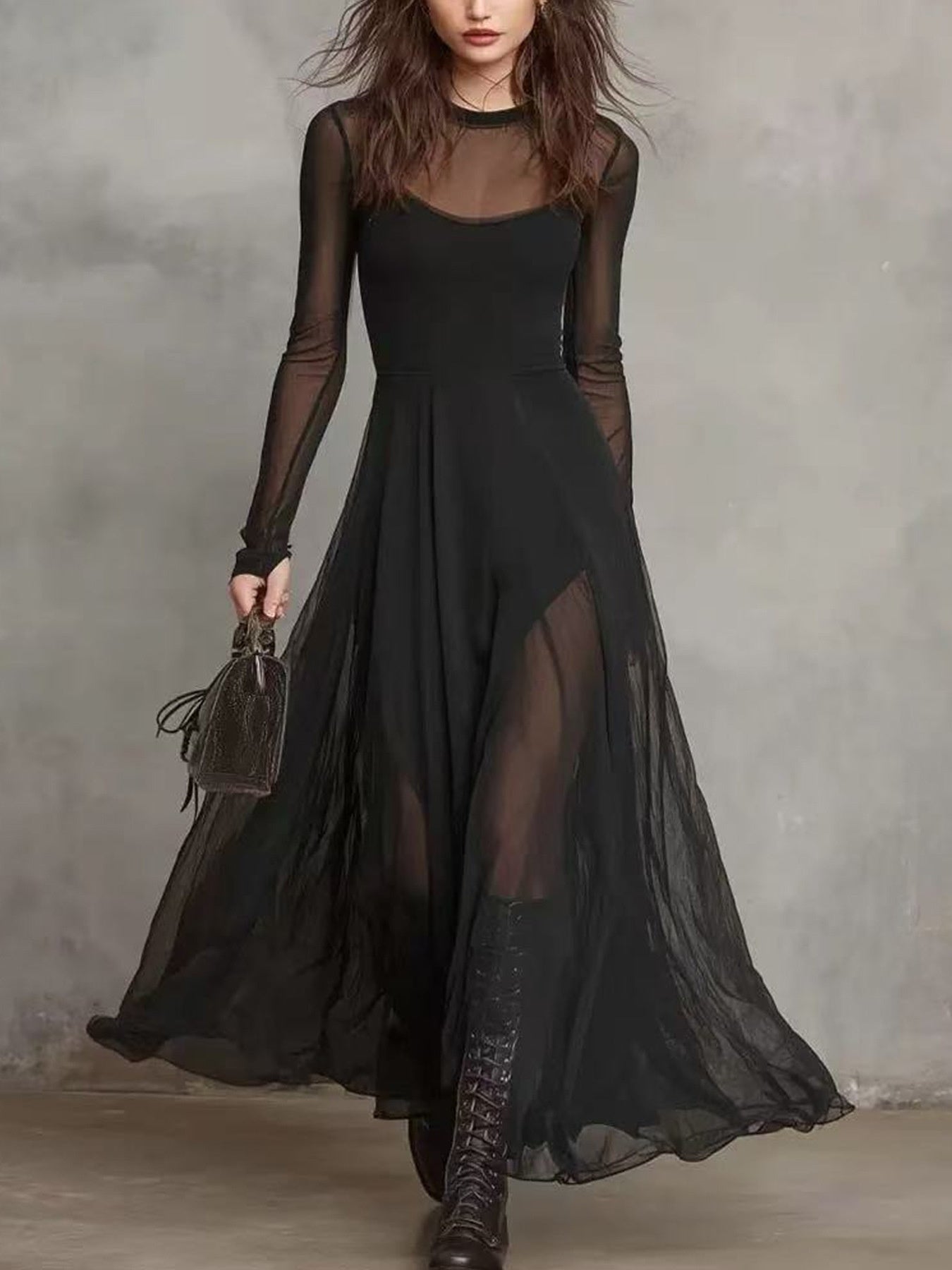 Elegant sheer mesh two-piece maxi dress set by Trendsi, featuring a flowing skirt and matching top with delicate see-through fabric.