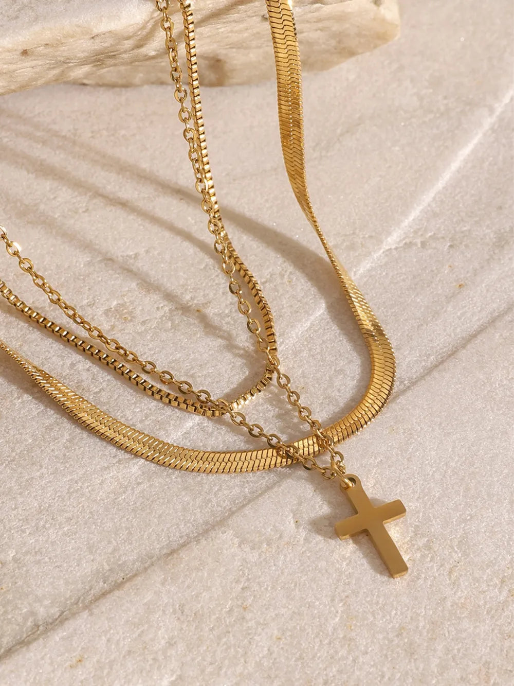 18K gold-plated three-layered cross necklace with delicate chains, stylish and elegant jewelry from Shopimist.