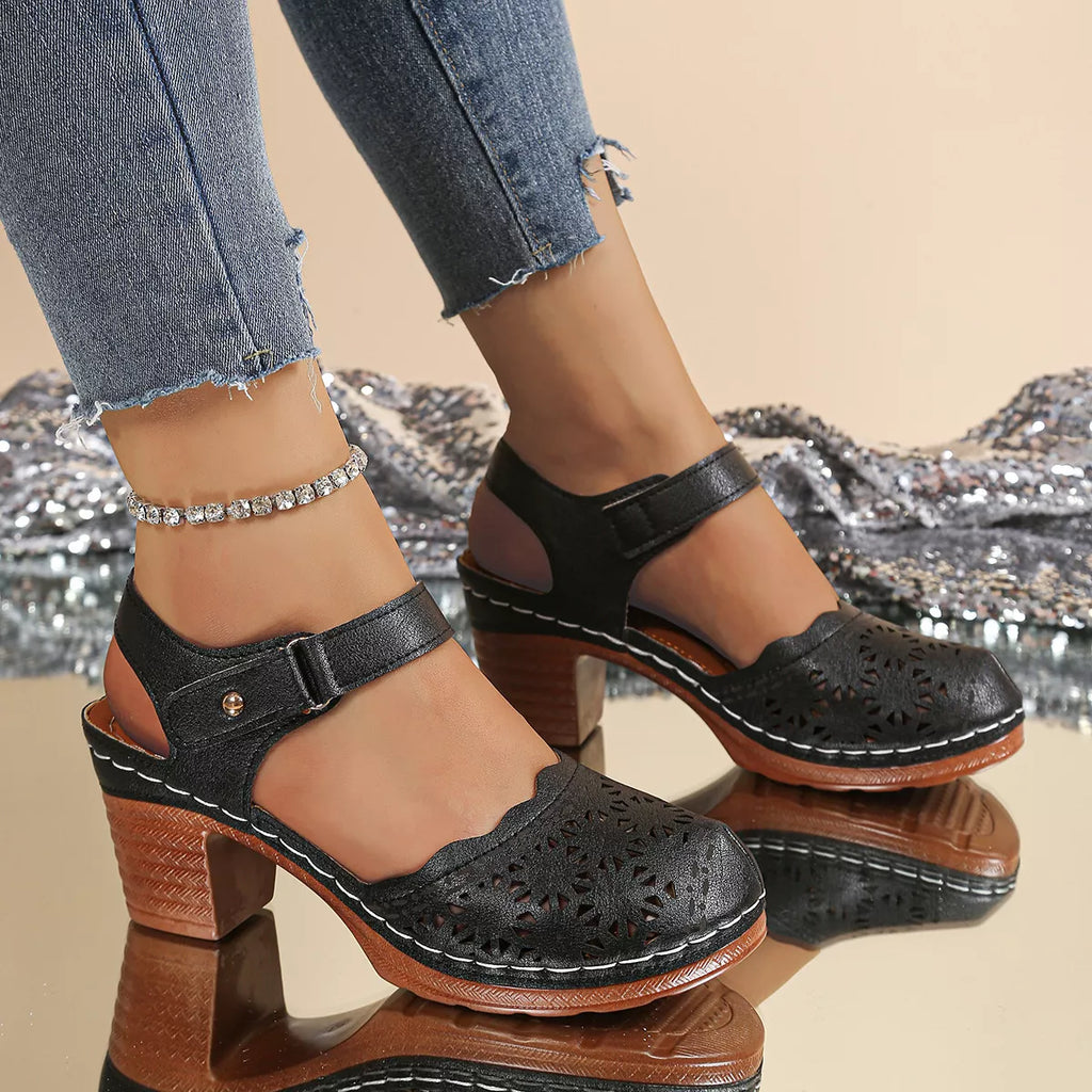 Shopimist round toe block heel sandals with open toe design and stylish straps, perfect for summer and casual wear.
