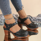 Shopimist round toe block heel sandals with open toe design and stylish straps, perfect for summer and casual wear.