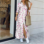 Floral print women's long shirt dress with lapel collar, midi length, relaxed fit, by Plush Fashion Hub.