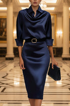 Women's slim-fit midi dress with lapel collar, half-sleeves, in casualwear style by Plush Fashion Hub, shown on a model.